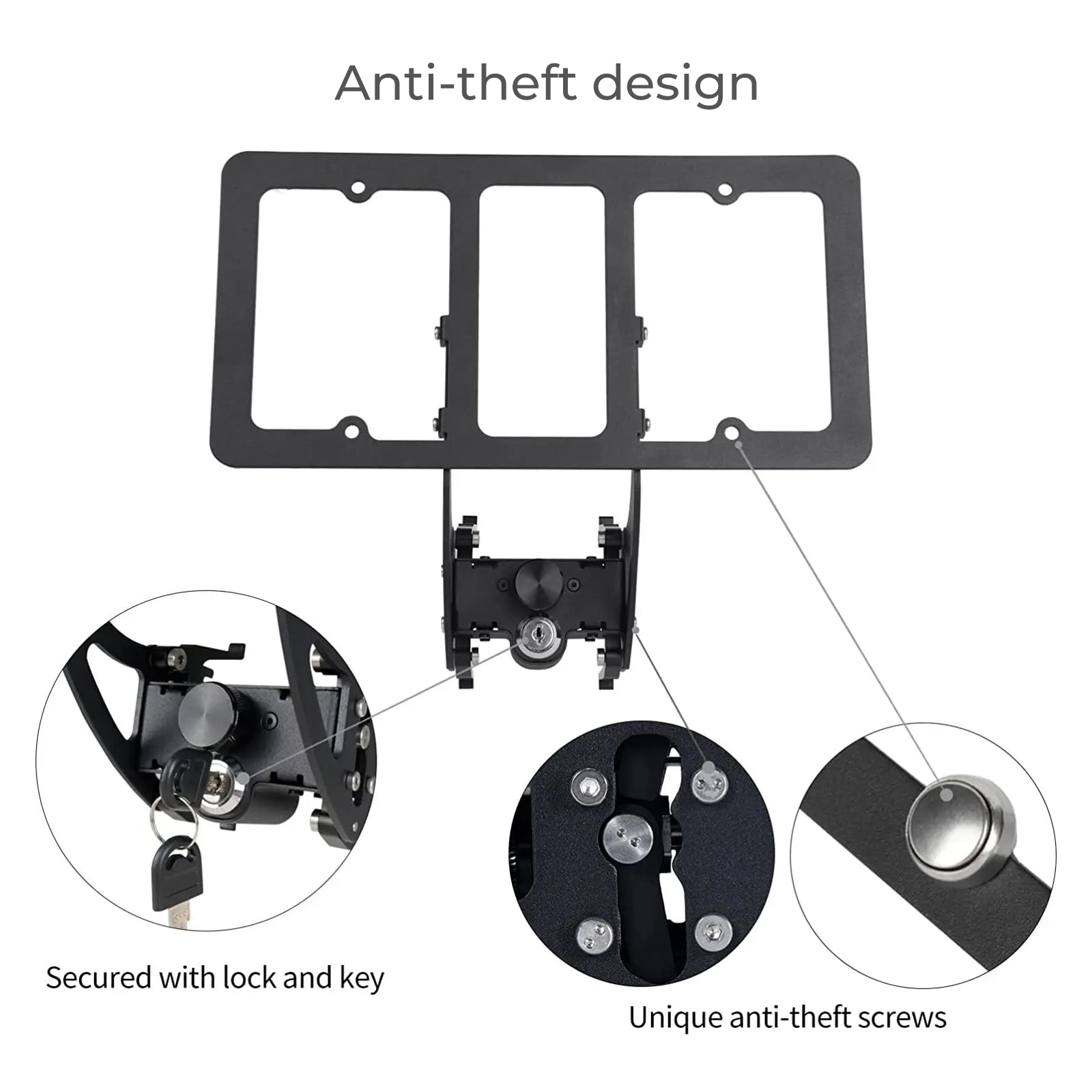 Alt text: Tesla Locking Buckle License Plate for Model 3/Y, a black object with keys and keyhole, enhancing appearance and safety of your vehicle